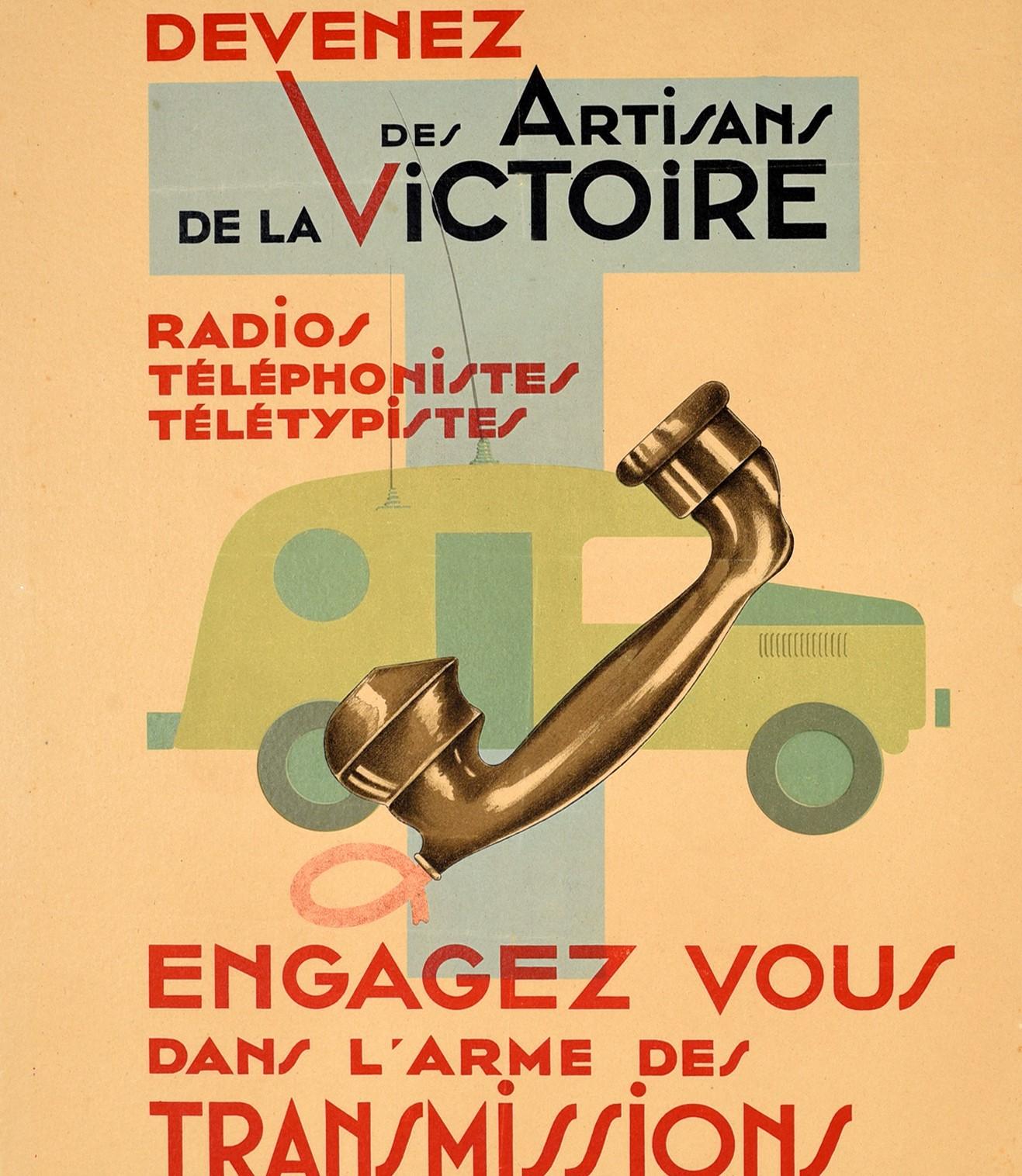 Original Vintage-Poster, Französische Armee Signal Corps Radio Telephone Kommunikation (Orange), Print, von Unknown