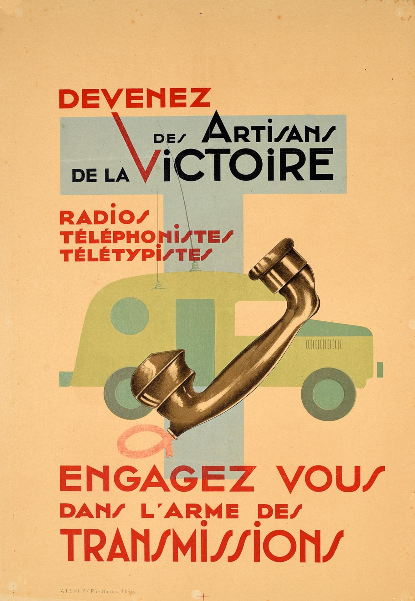 Unknown Print - Original Vintage Poster French Army Signal Corps Radio Telephone Communications