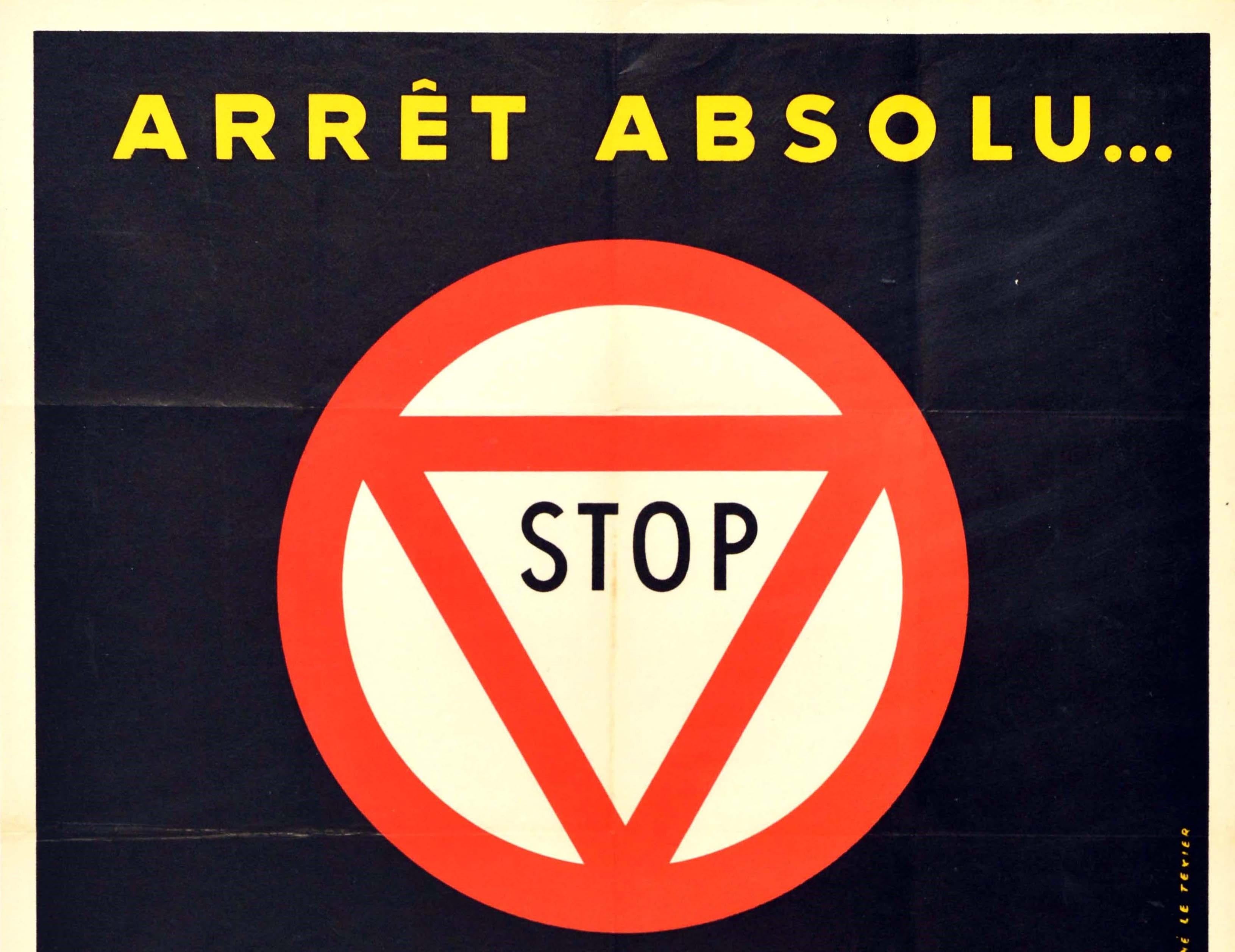Original Vintage Poster French Road Safety Stop Sign Arret Absolu Speeding Cars - Print by Unknown