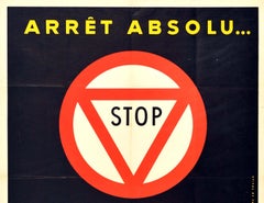 Original Vintage Poster French Road Safety Stop Sign Arret Absolu Speeding Cars