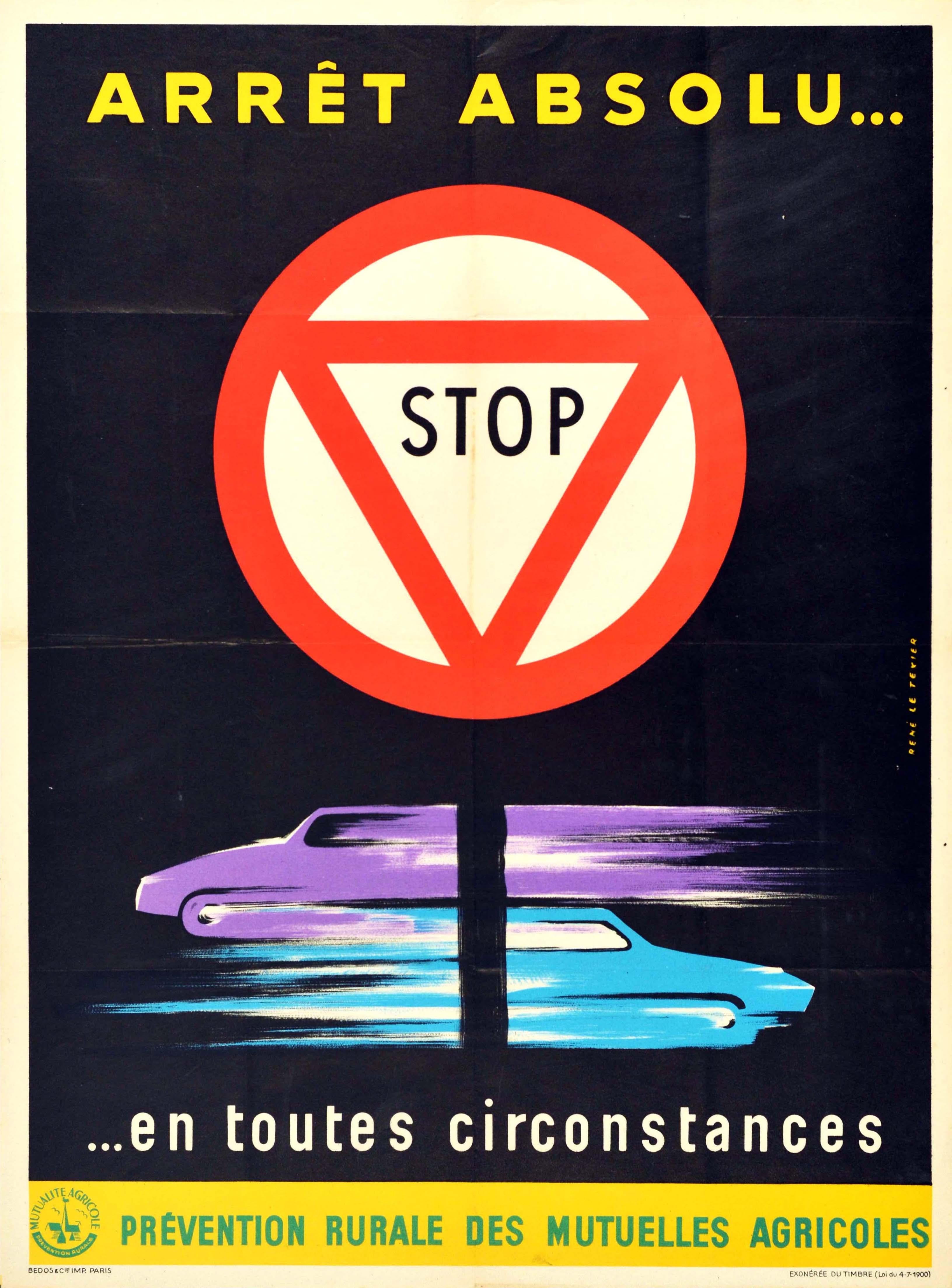 Unknown Print - Original Vintage Poster French Road Safety Stop Sign Arret Absolu Speeding Cars