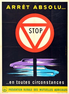 Original Vintage Poster French Road Safety Stop Sign Arret Absolu Speeding Cars