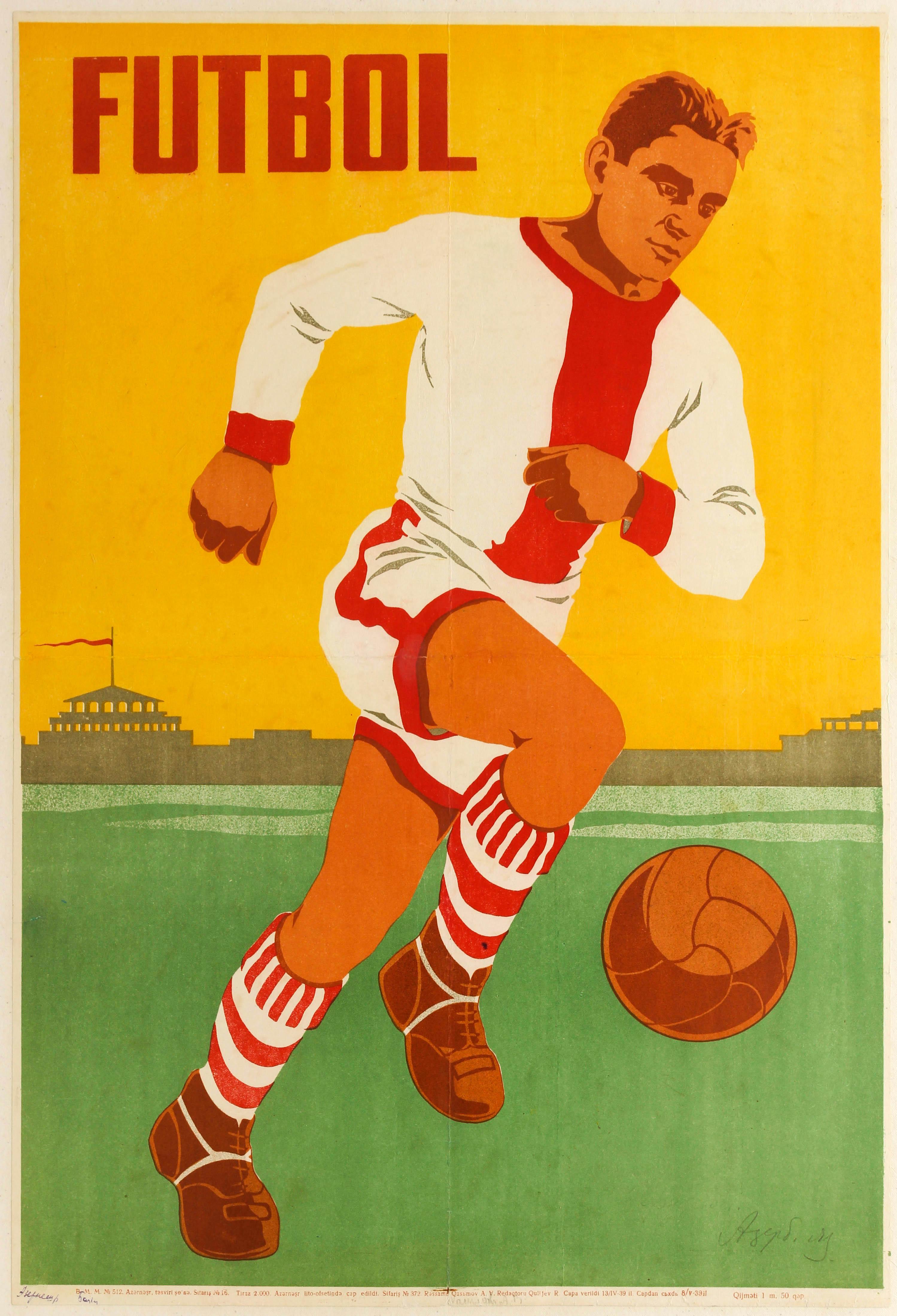 Unknown Print - Original Vintage Poster Futbol Ft. Football Player Azerbaijan Soviet Sport USSR