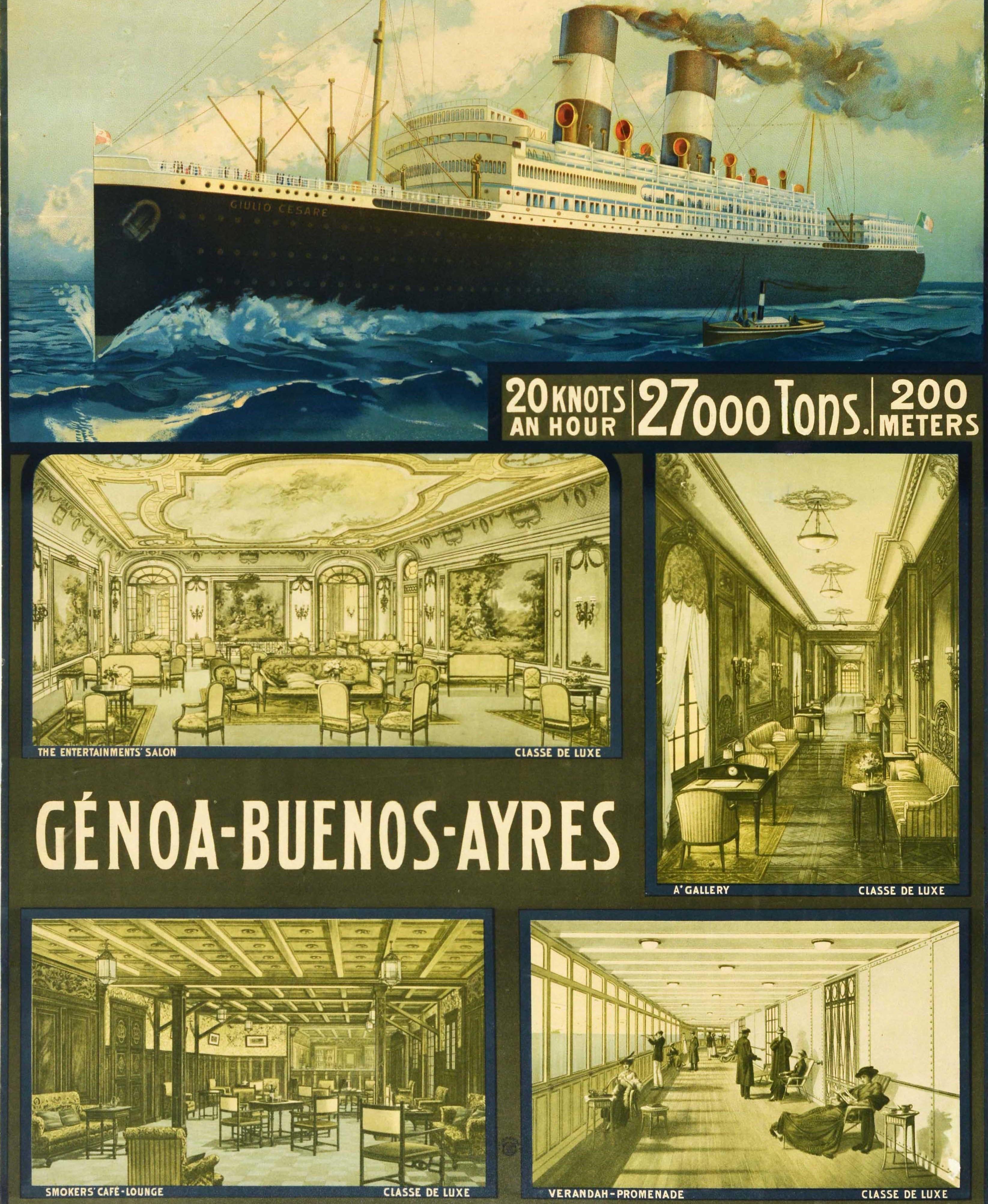Affiche originale de croisière - Giulio Cesare Genoa Buenos Ayres Navigazione Generale Italiana - avec une image du paquebot en mer au-dessus de vues plus petites montrant la classe de luxe à bord du SS Giulio Cesare (lancé en 1920), y compris le
