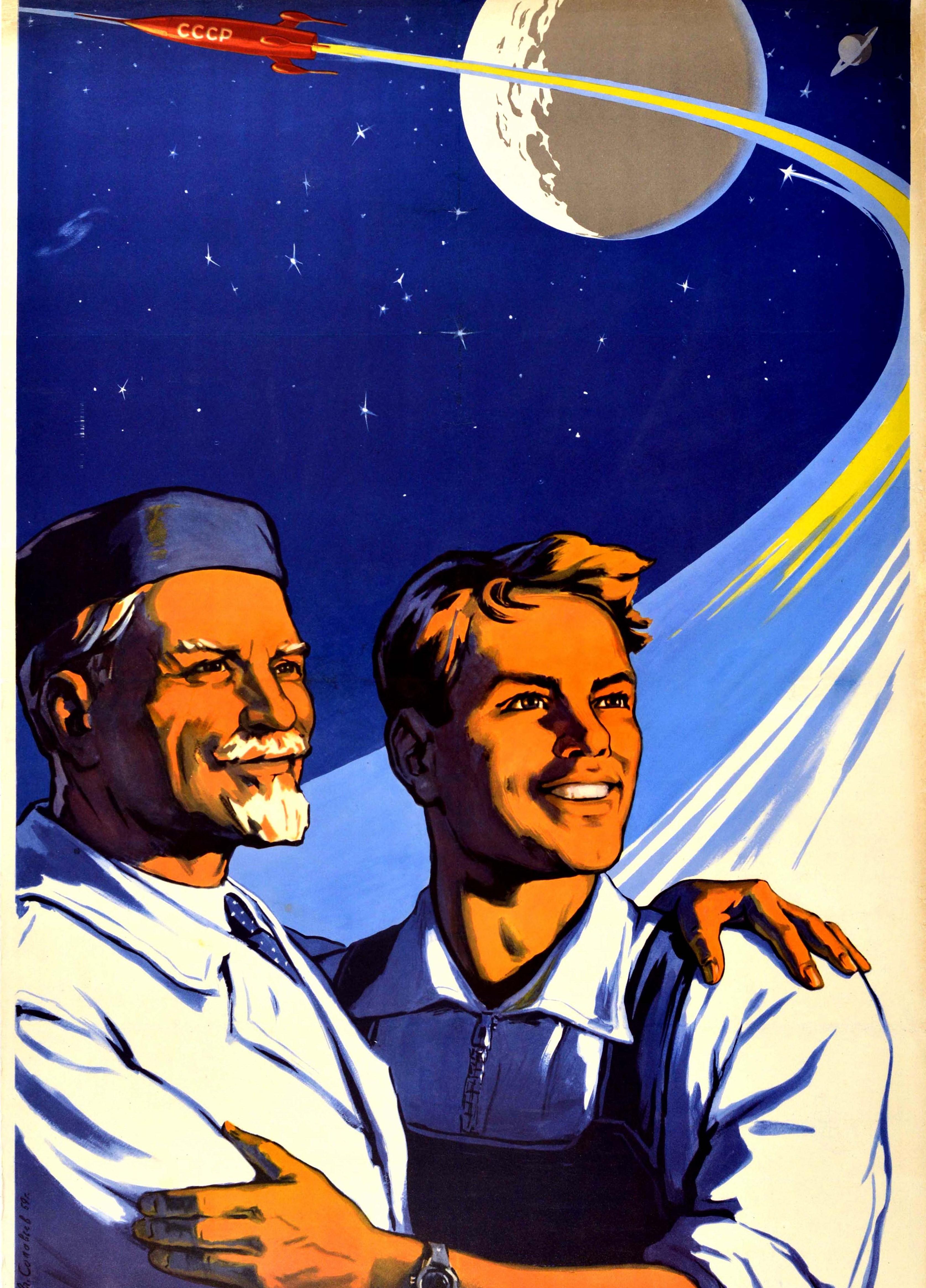 Originales sowjetisches Propagandaposter - Ruhm den Arbeitern der sowjetischen Wissenschaft und Technologie! - mit einem großartigen Bild eines Ingenieurs und eines Wissenschaftlers, die sich lächelnd umarmen, vor einer roten CCCP/UdSSR-Rakete, die
