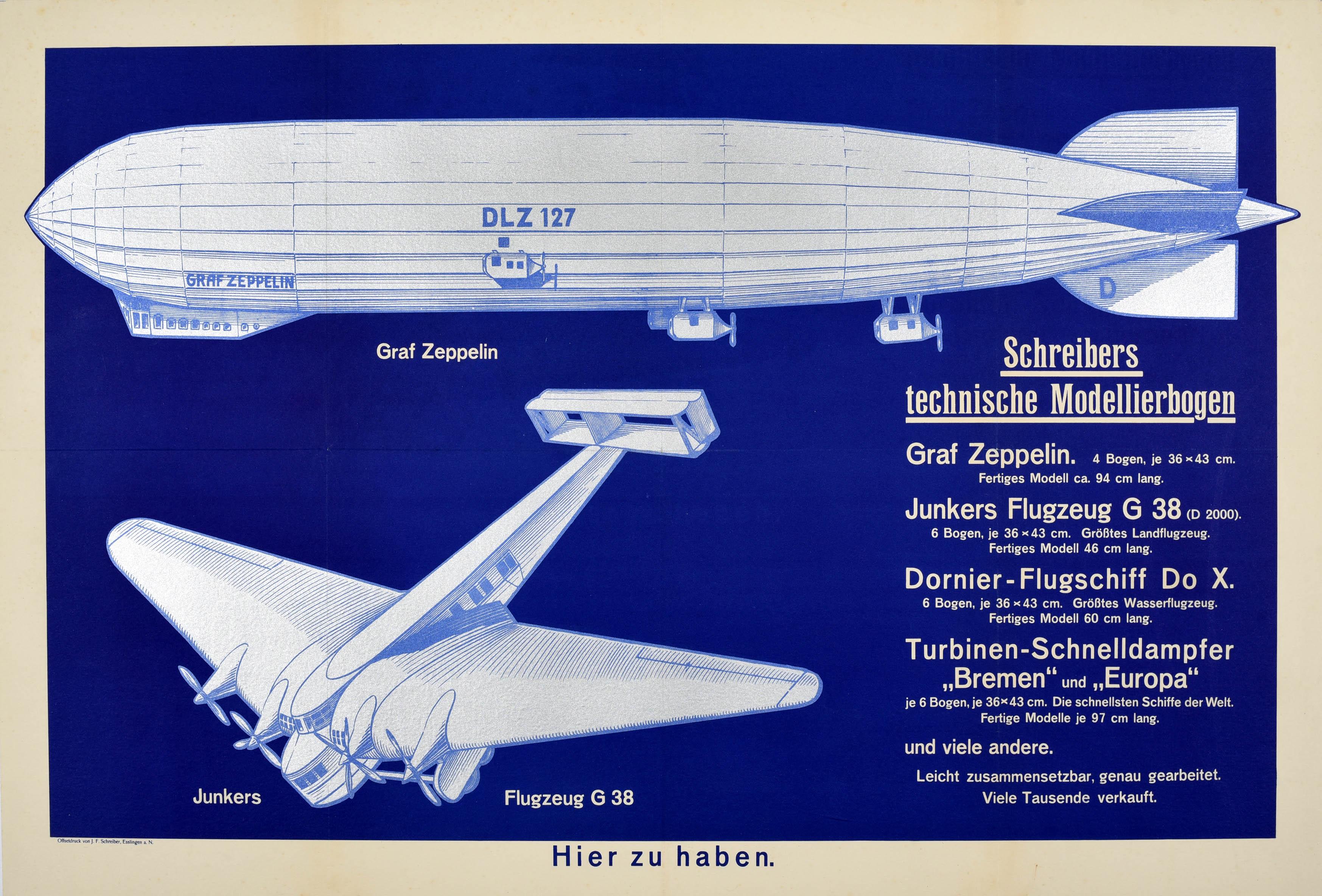 Unknown Print - Original Vintage Poster Graf Zeppelin Schreibers Models Junkers Flugzeug G38