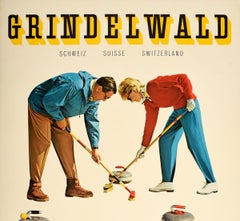 Original Vintage Poster Grindelwald Switzerland Ice Curling Winter Sport Design