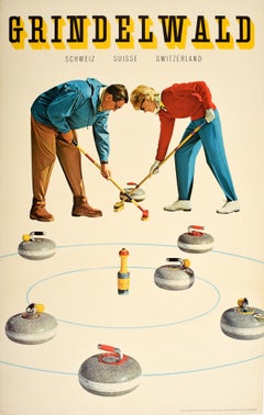 Original Vintage Poster Grindelwald Switzerland Ice Curling Winter Sport Design