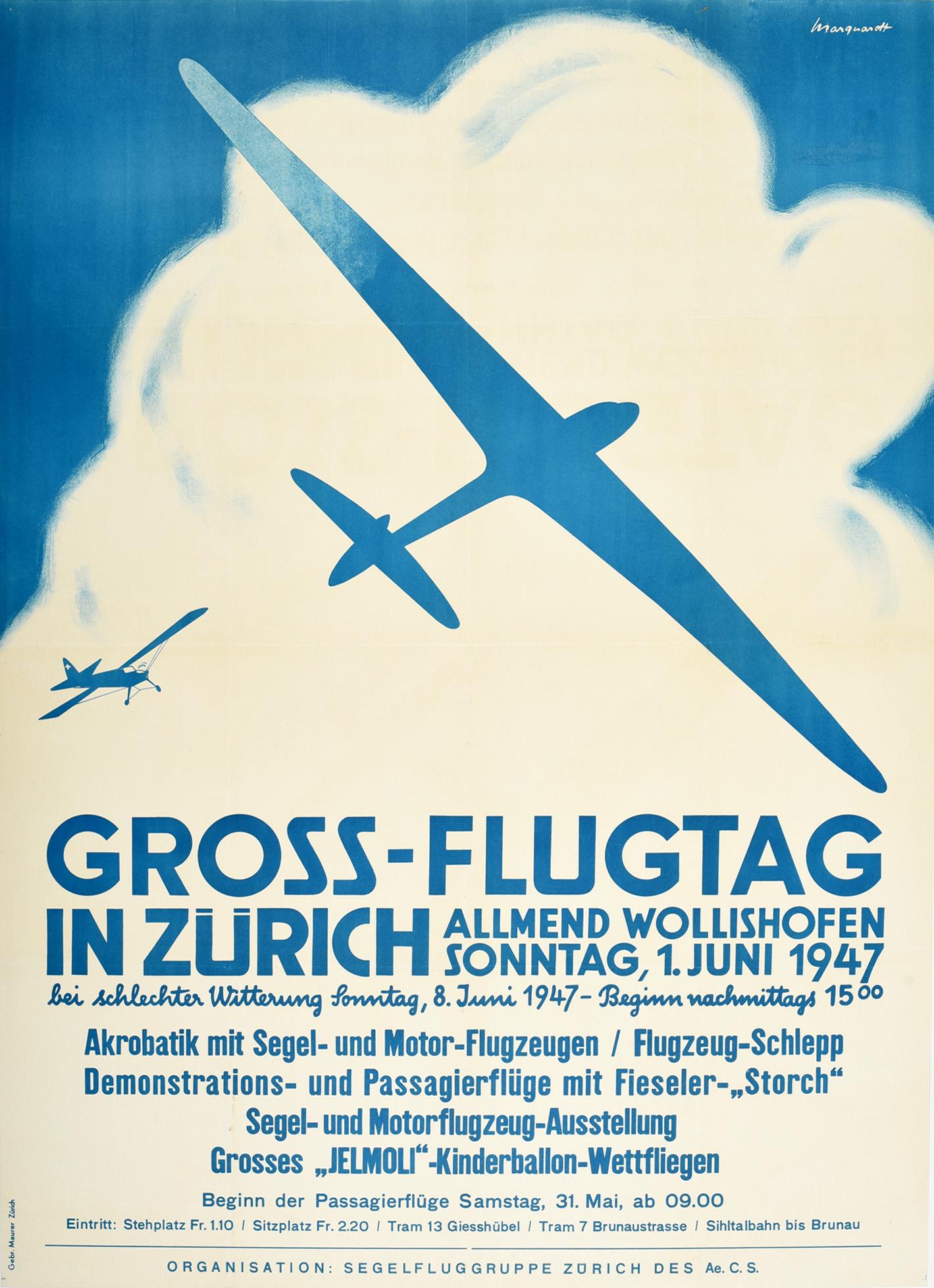 Unknown Print - Original Vintage Poster Gross Flugtag In Zurich Flight Day Glider Plane Aviation
