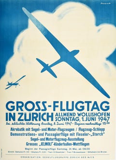 Original Vintage Poster Großer Flugtag In Zürich Flugtag Segelflugzeug Flugzeug Luftfahrt