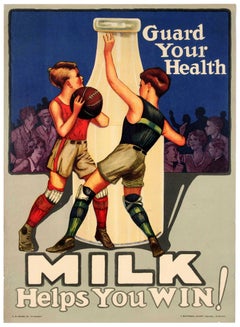 Original Antique Poster Guard Your Health Milk Helps You Win! Ft Basketball Game