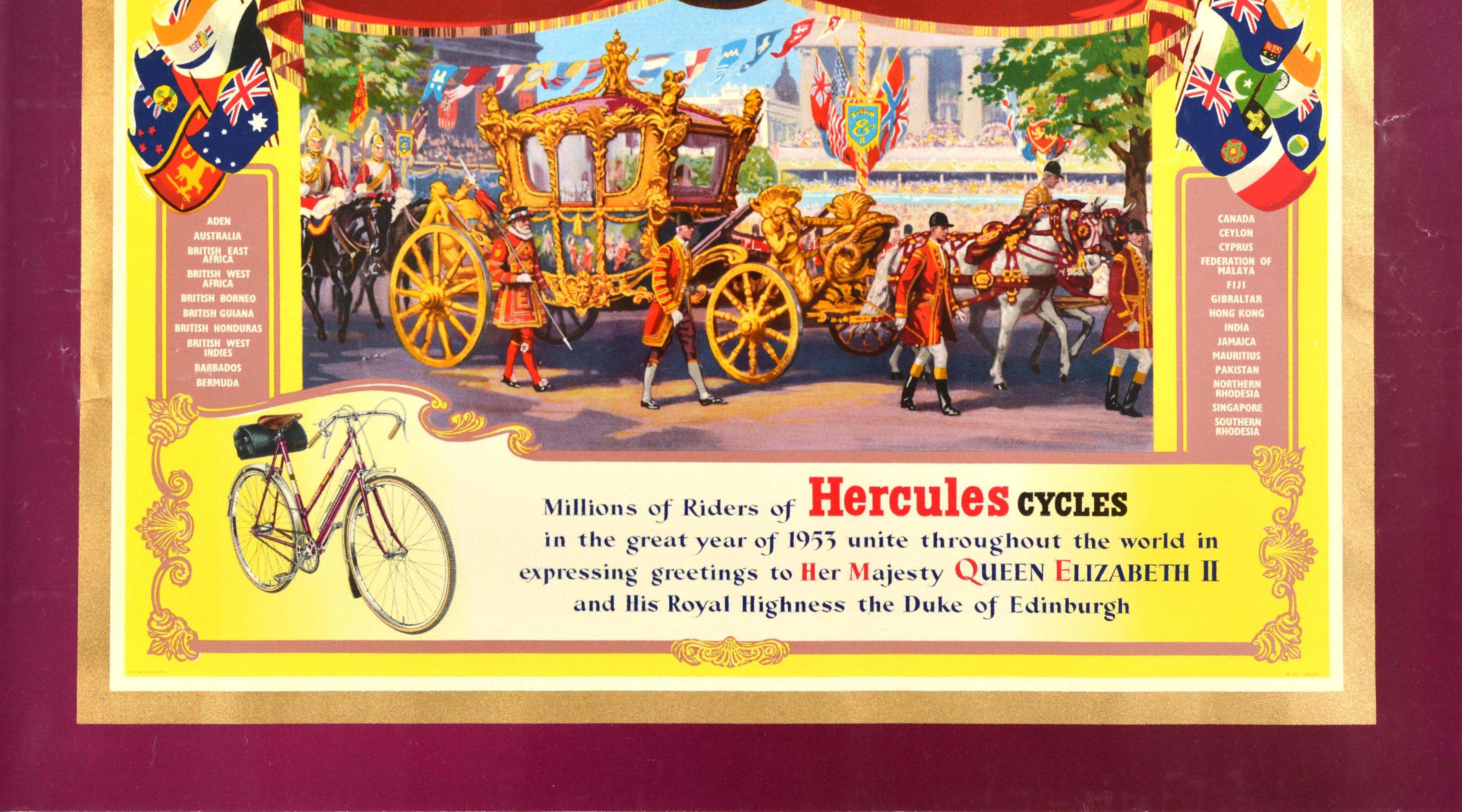 Original Vintage Poster Hercules Cycles Queen Elizabeth II Coronation 1953 Art - Orange Print by Unknown