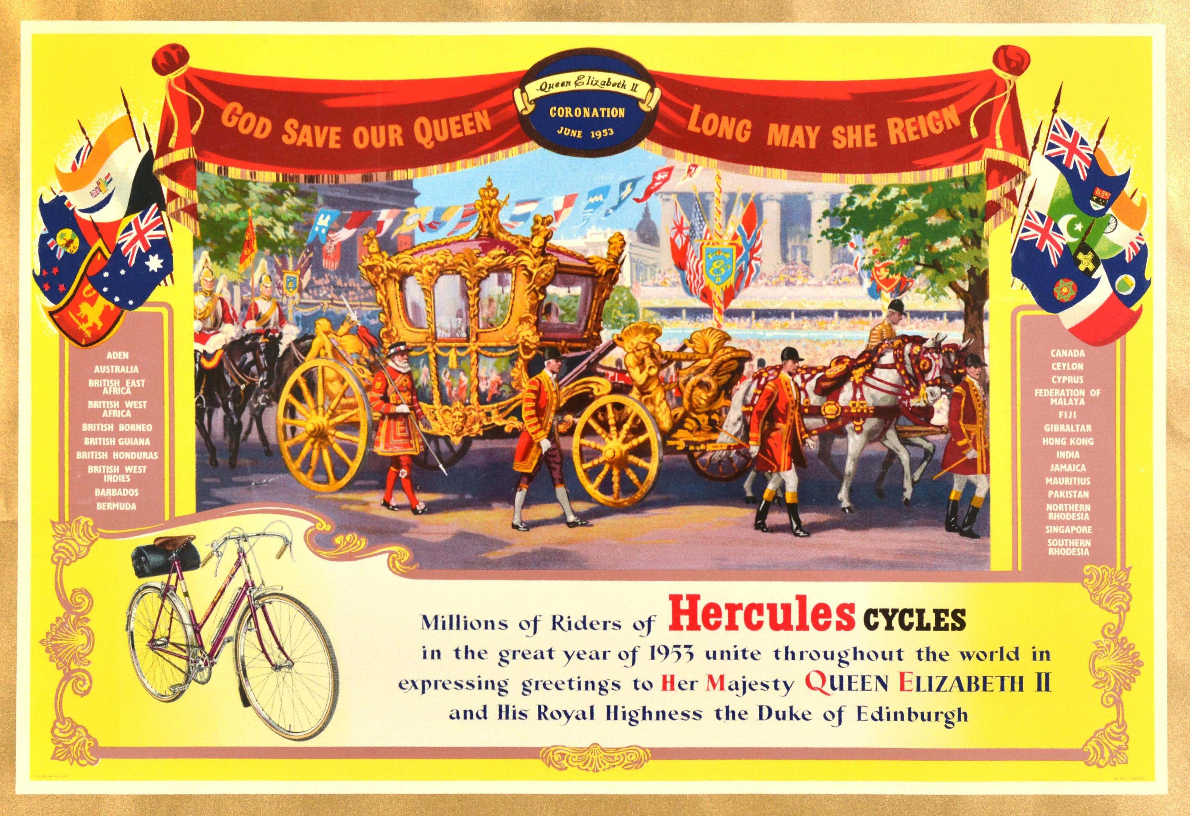 Original vintage bicycle advertising poster issued by Hercules Cycles for the Queen's coronation featuring a colourful illustration of the Royal procession with the horse drawn Gold State Coach being led by Beefeaters and Royal guards in front of