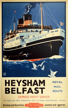 Original Vintage Poster Heysham Belfast Royal Mail Ship British Railways Travel