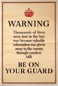 Original Vintage Poster Home Front WWII Warning Careless Talk Be On Your Guard