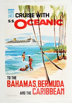 Original Vintage Poster Home Lines Cruise S.S. Oceanic Bahamas Bermuda Caribbean
