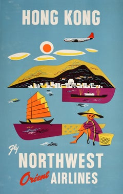 Affiche rétro originale art du voyage, Hong Kong Fly Northwest, Orient Airlines Asia
