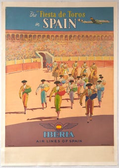 Original Vintage Poster Iberia Air Lines Travel Fiesta De Toros Bullfight Spain