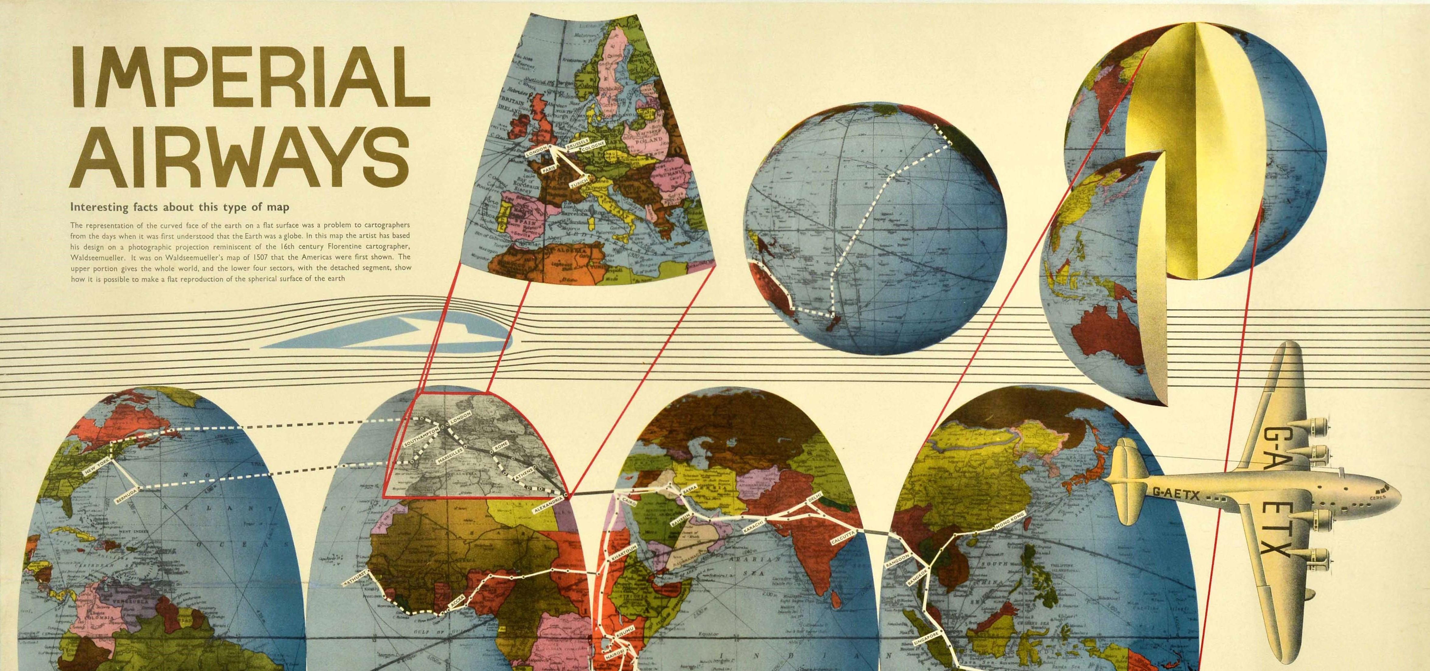 Original-Reiseplakat für Imperial Airways mit dem Speedbird-Logo und farbenfrohen Illustrationen einer Weltkarte in vier Sektoren und einem detaillierten Europasegment, das die Routen von London nach Brüssel, Paris, Köln und Zürich zeigt, mit
