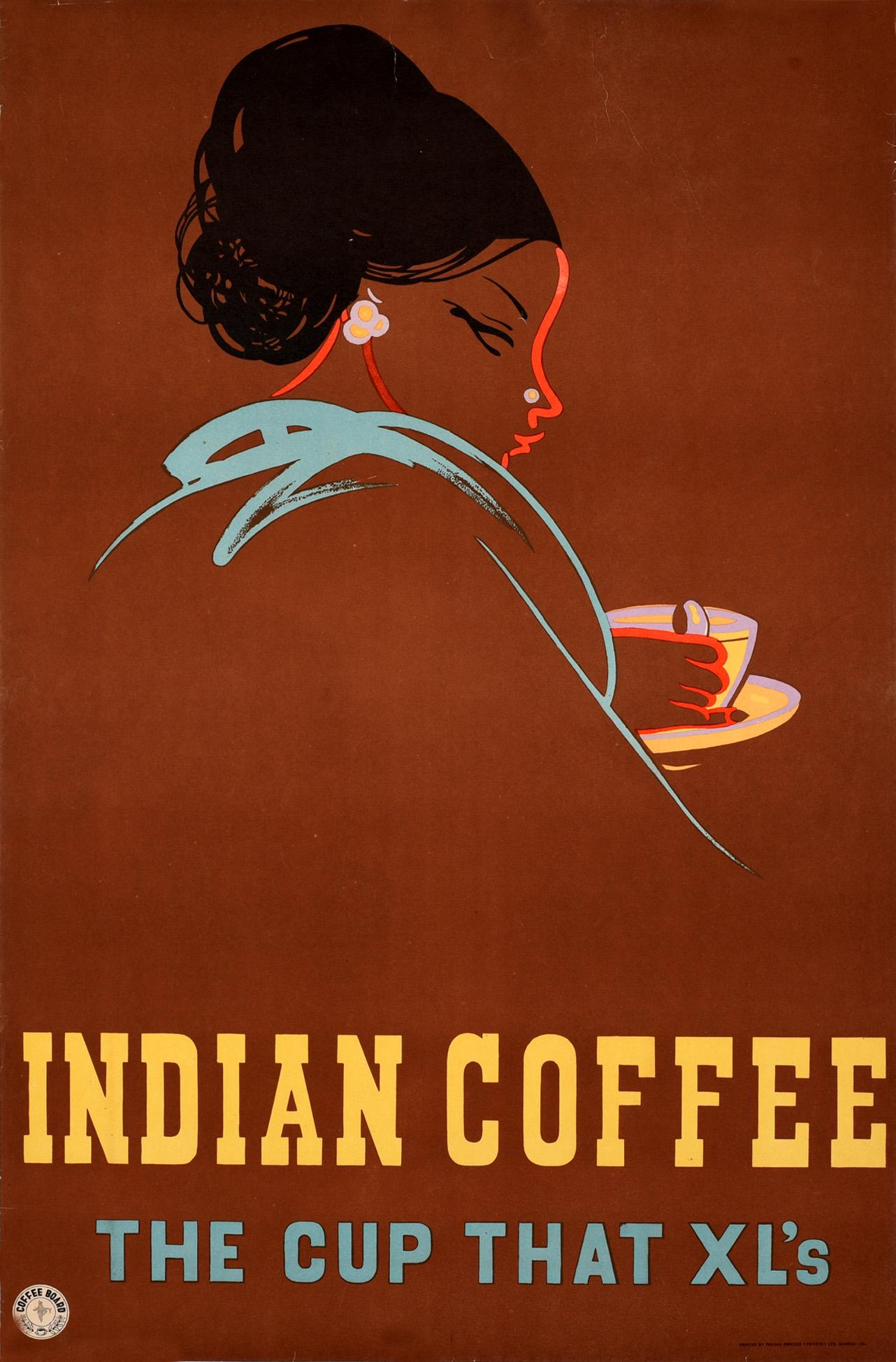 Original Vintage Poster Indian Coffee The Cup That XL's India Drink Coffee Board