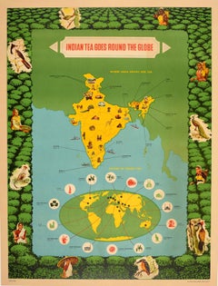 Original Retro Poster Indian Tea Export Round The World Pictorial Map Design