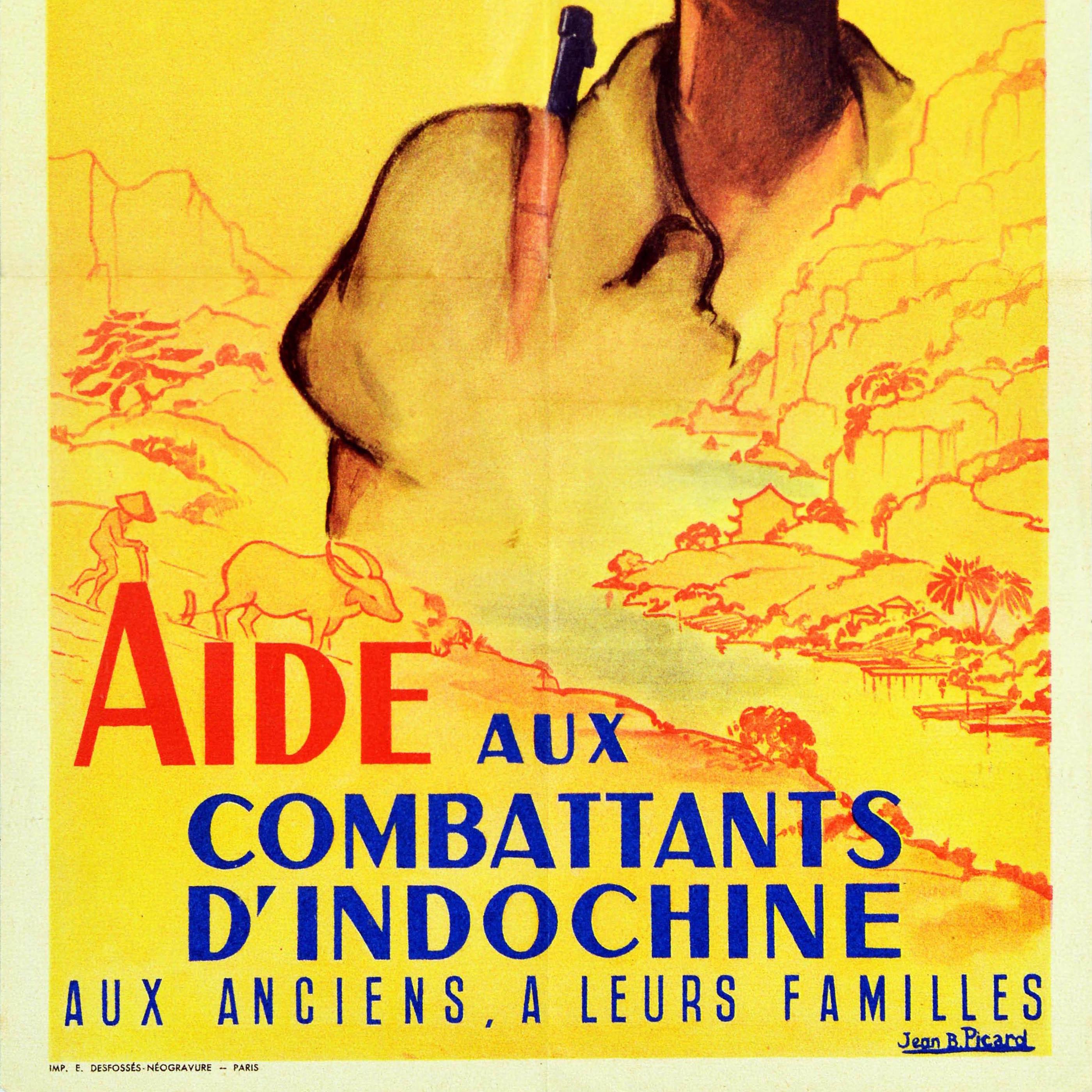 Original vintage poster - Aide Aux Combattants D'Indochine Aux Anciens, a leurs familles / Aid to Indochina combatants To the elderly, to their families - featuring a soldier armed with a rifle gun over his shoulder against a yellow background with