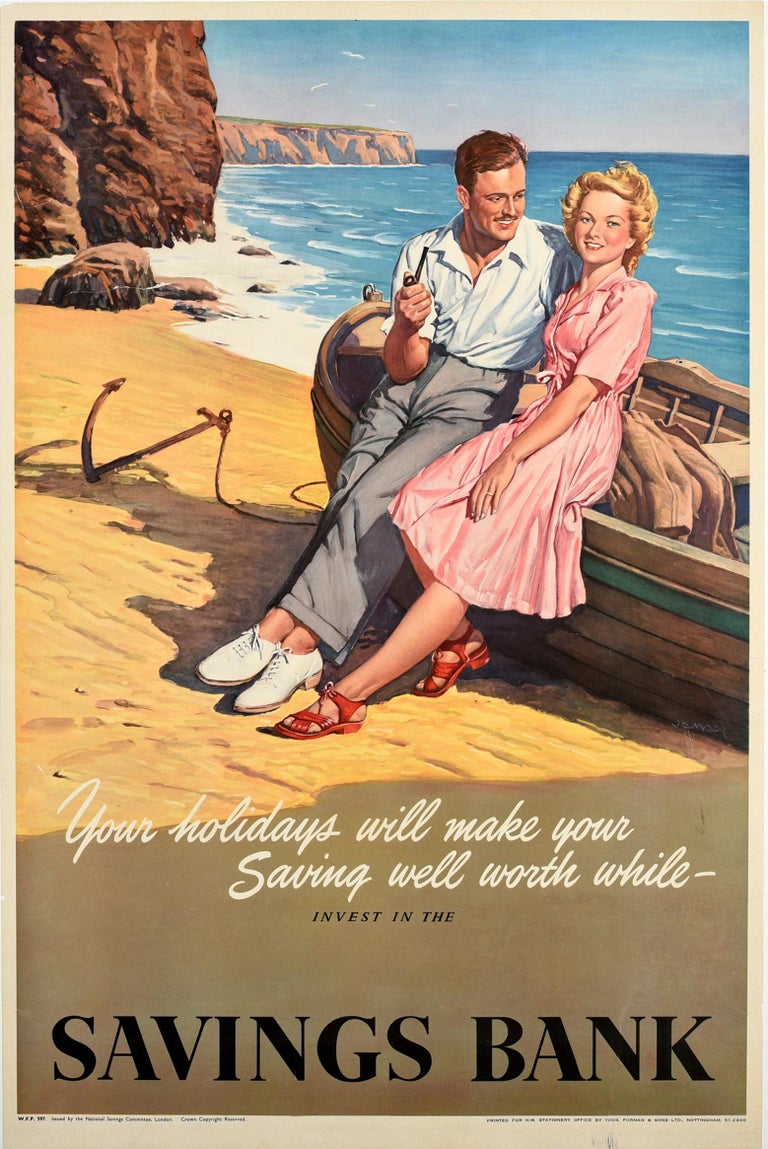 Unknown Original Vintage Poster Invest In The Savings Bank Holidays Seaside Beach Boat For Sale At 1stdibs