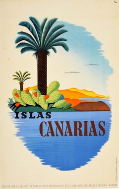 Original Antique Poster Islas Canarias Spain Canary Islands Travel Palm Tree Sea