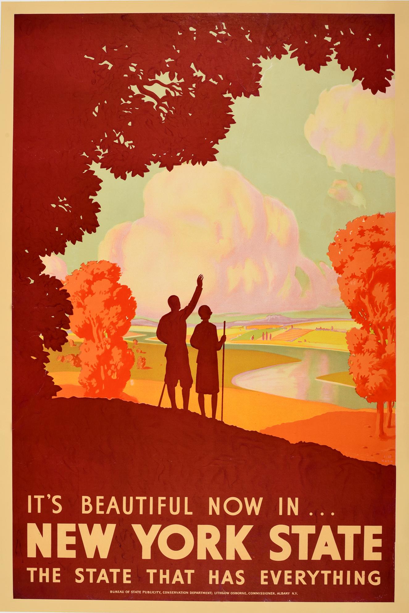 Affiche original vintage "It's Beautiful Now In New York State" Voyage Randonnée Automne