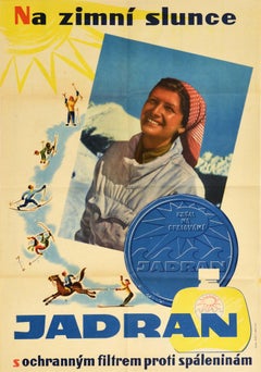 Affiche rétro originale Jadran Sunscreen, Éclairage de soleil d'hiver, Sports et chevaux, Illustration