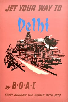 Original Vintage Poster Jet Your Way To Delhi By BOAC India World Travel Airline