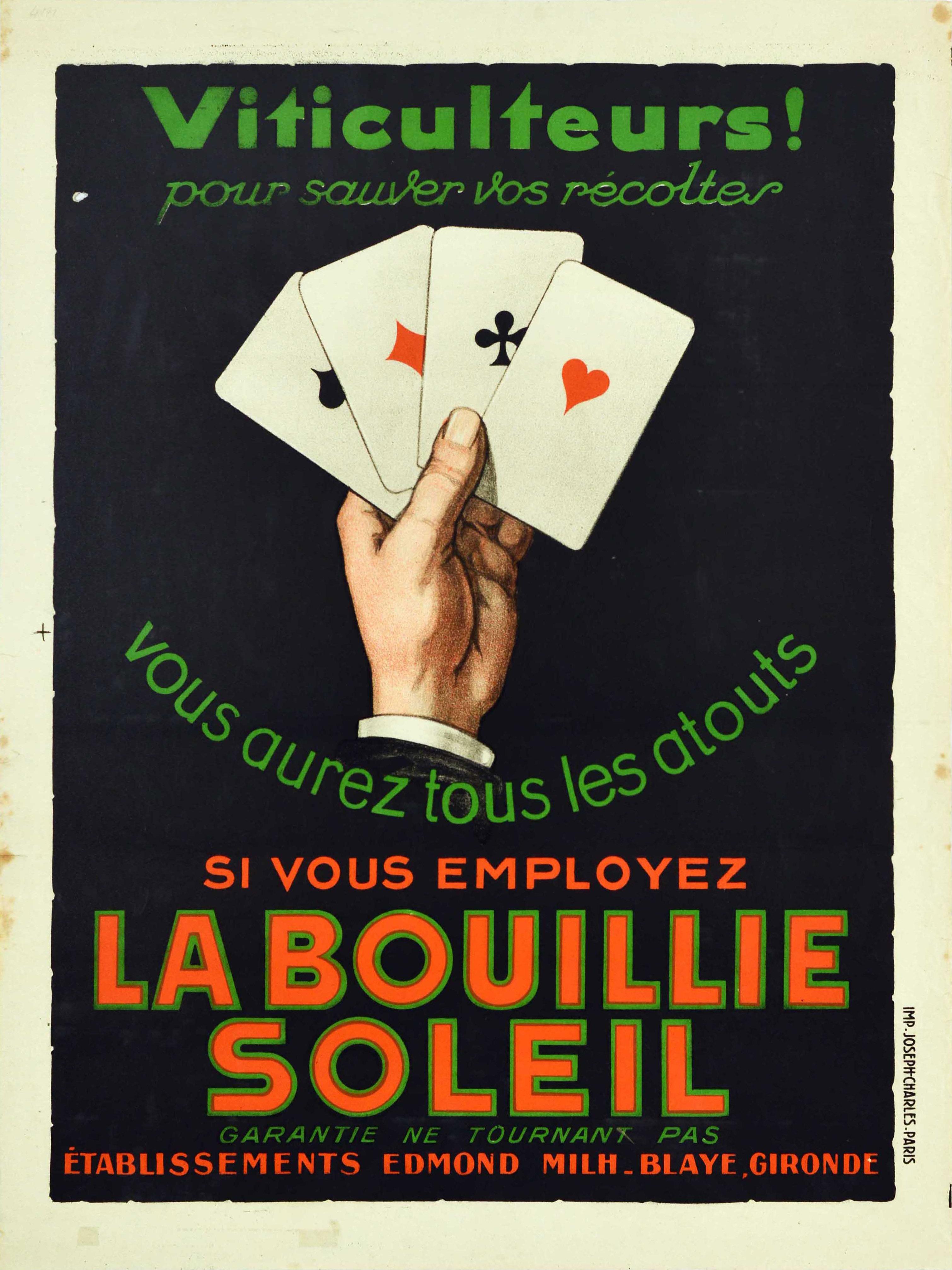 Unknown Print - Original Vintage Poster La Bouillie Soleil Wine Growers Vineyard Full House Aces