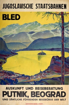 Original Vintage-Poster, „See Bled Island“, Jugoslawien, Eisenbahn, Reisen, Putnik Beograd