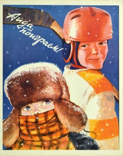 Original Retro Poster Let's Go Play Ice Hockey Soviet Sport Winter USSR