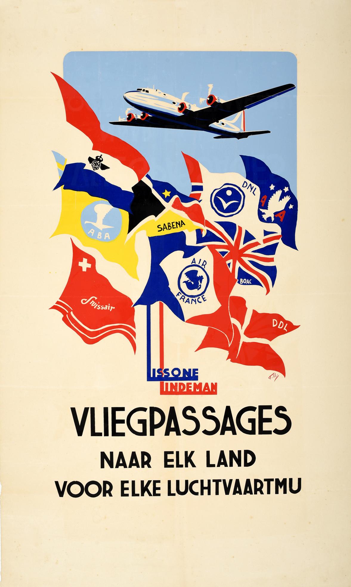 Unknown Print - Original Vintage Poster Lissone Lindeman Vliegpassages Airline Travel Aviation