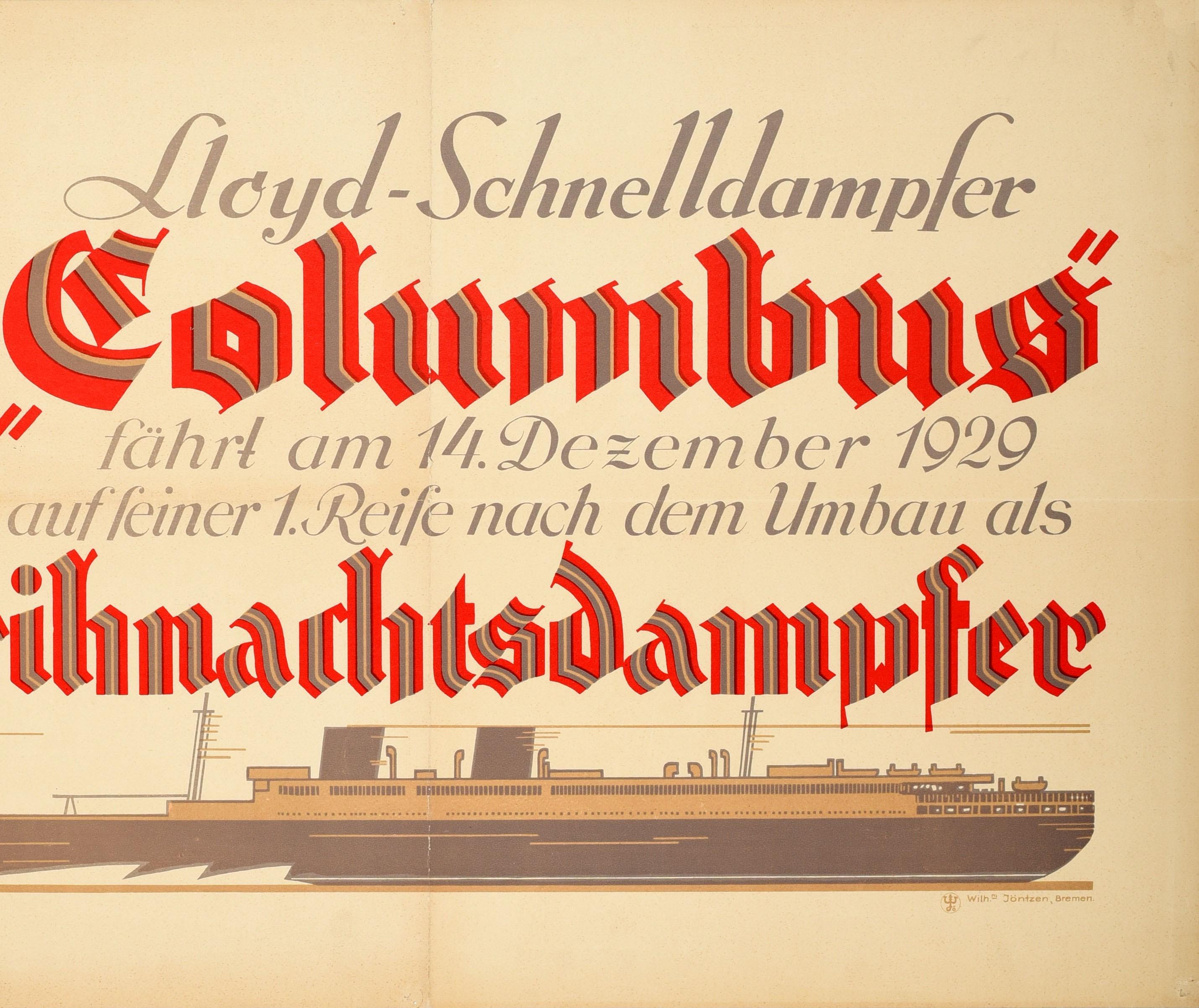 Original Vintage Poster Lloyd Schnelldampfer Columbus Steamship Cruise Travel - Art Deco Print by Unknown