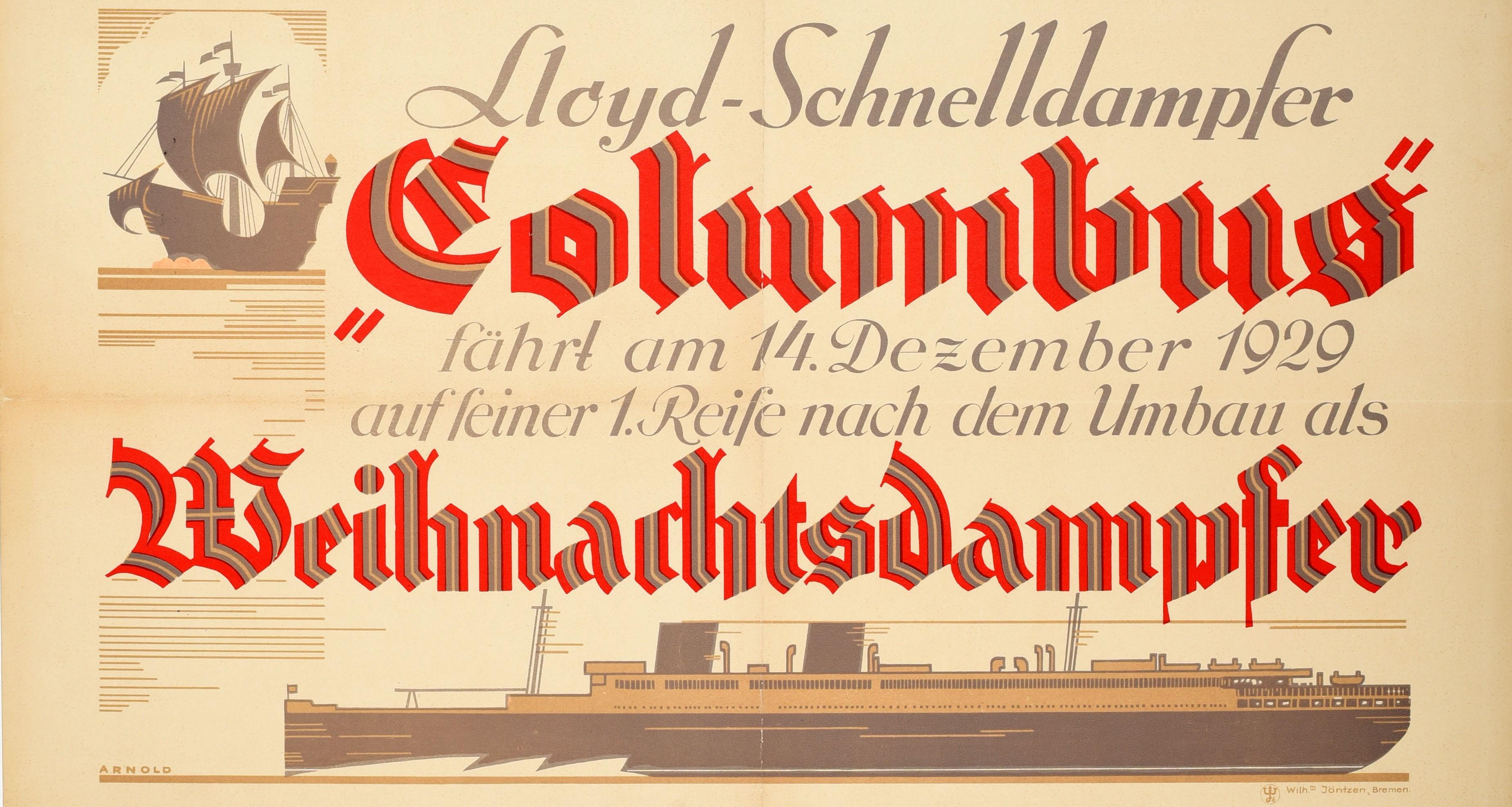 Original Vintage Poster Lloyd Schnelldampfer Columbus Steamship Cruise Travel - Beige Print by Unknown