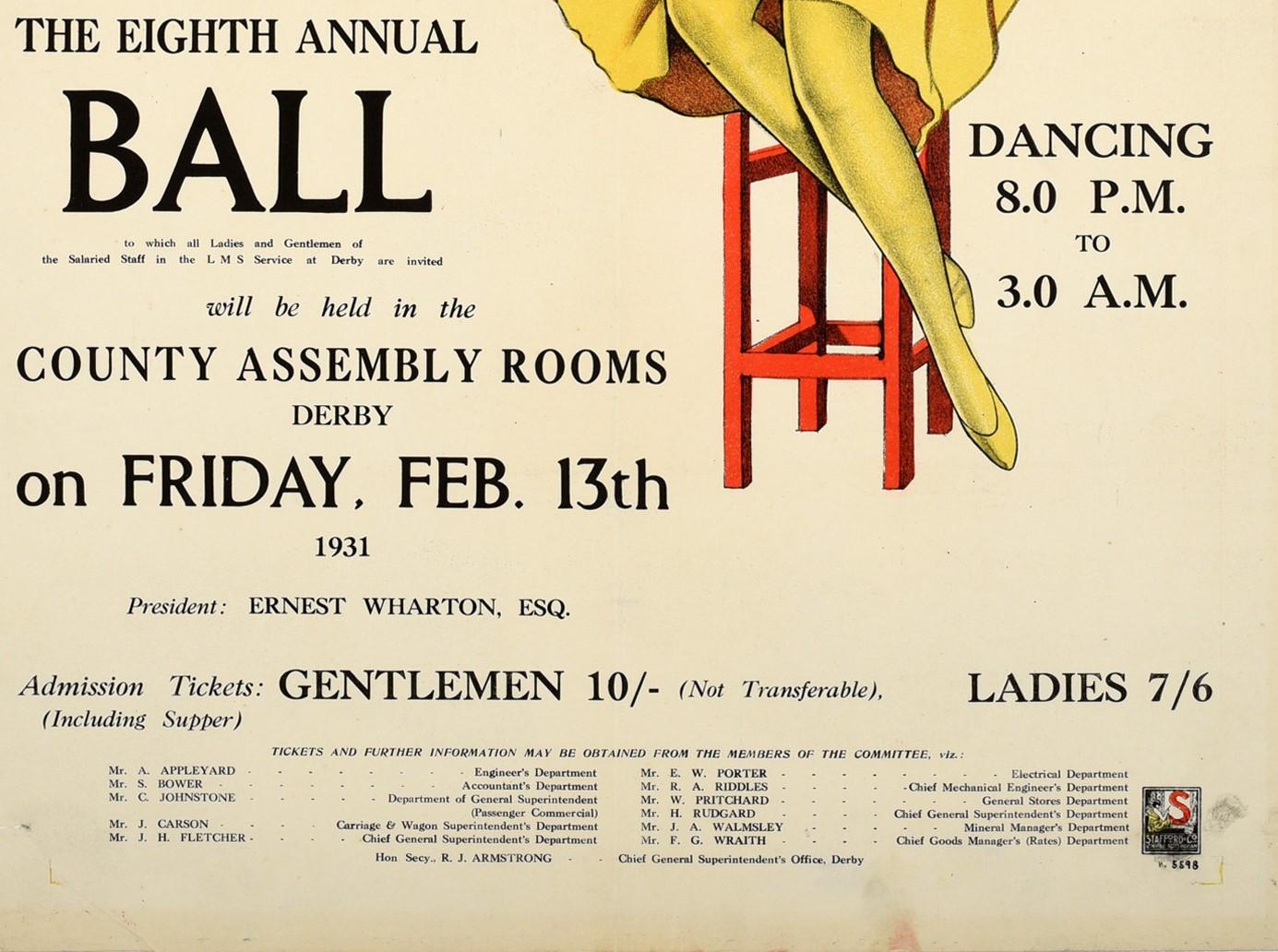 Original-Vintage-Poster, LMS Railway Derby Staff Ball, 1931, Art-déco- Maske, Tanzen (Art déco), Print, von Unknown