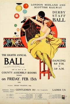 Affiche vintage d'origine LMS Railway Derby Staff Ball avec masque Art déco dansant, 1931