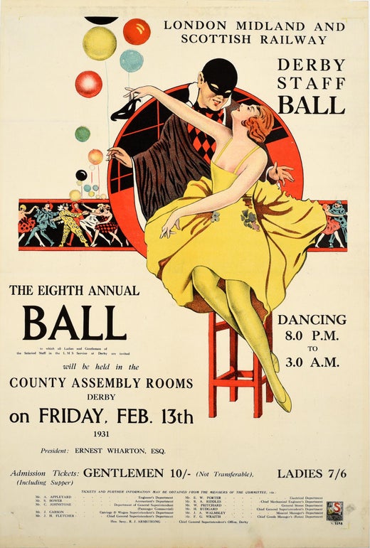 Unknown - Original Vintage Poster LMS Railway Derby Staff Ball 1931 Art  Deco Mask Dancing For Sale at 1stDibs