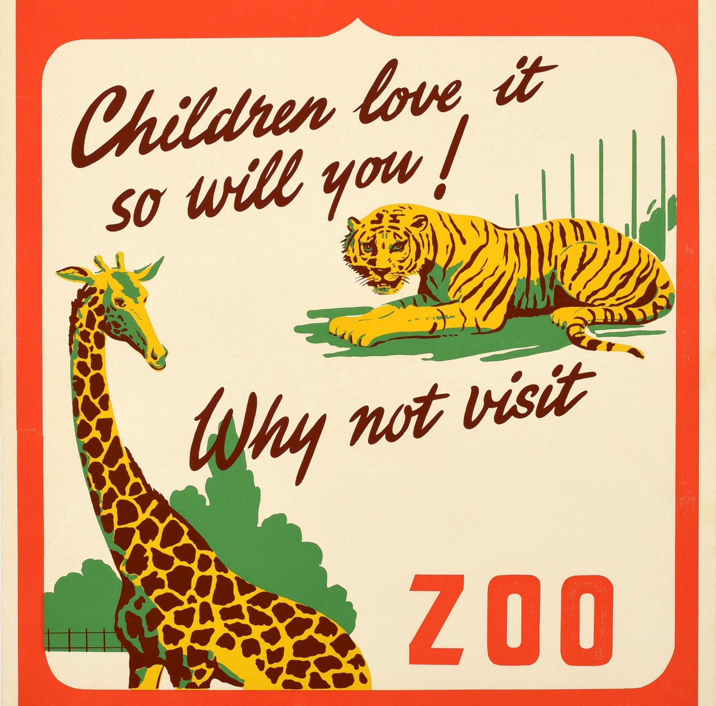 Original Vintage Poster Longleat Zoo Tiger Giraffe Wilts & Dorset Bus Day Tours - Orange Print by Unknown