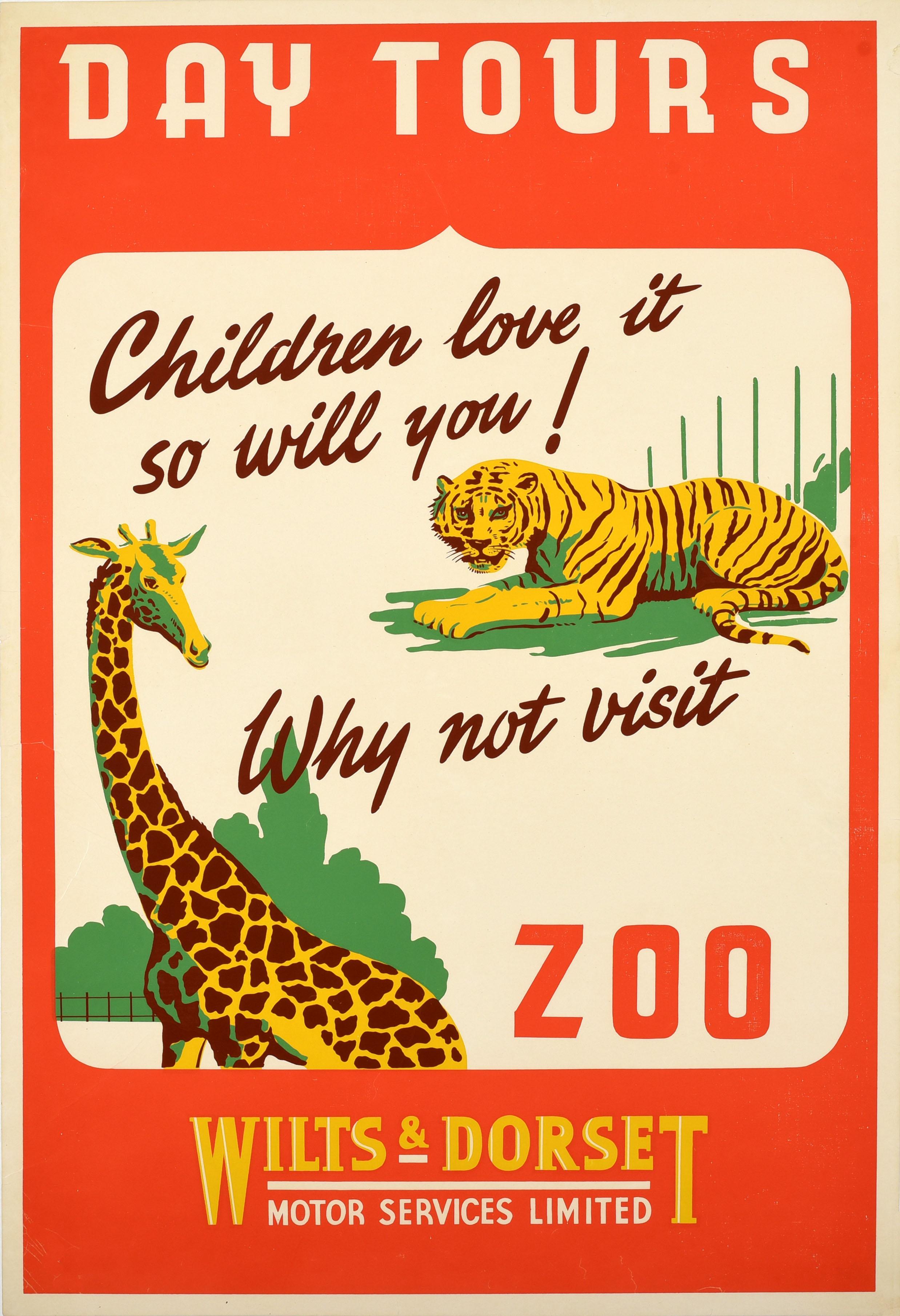 Unknown Print - Original Vintage Poster Longleat Zoo Tiger Giraffe Wilts & Dorset Bus Day Tours