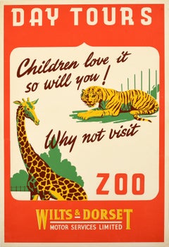 Original Retro Poster Longleat Zoo Tiger Giraffe Wilts & Dorset Bus Day Tours