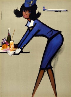 Original Vintage Poster LOT Polish Airlines Polskie Linie Lotnicze Stewardess