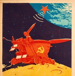 Original Vintage Poster Lunokhod Moonwalker Cold War Space Race Peace & Progress