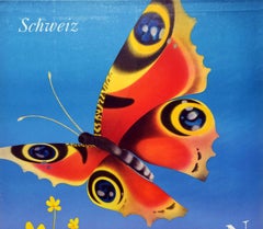 Original Vintage Poster Luzern Switzerland Travel Lucerne Lake Alps Butterfly