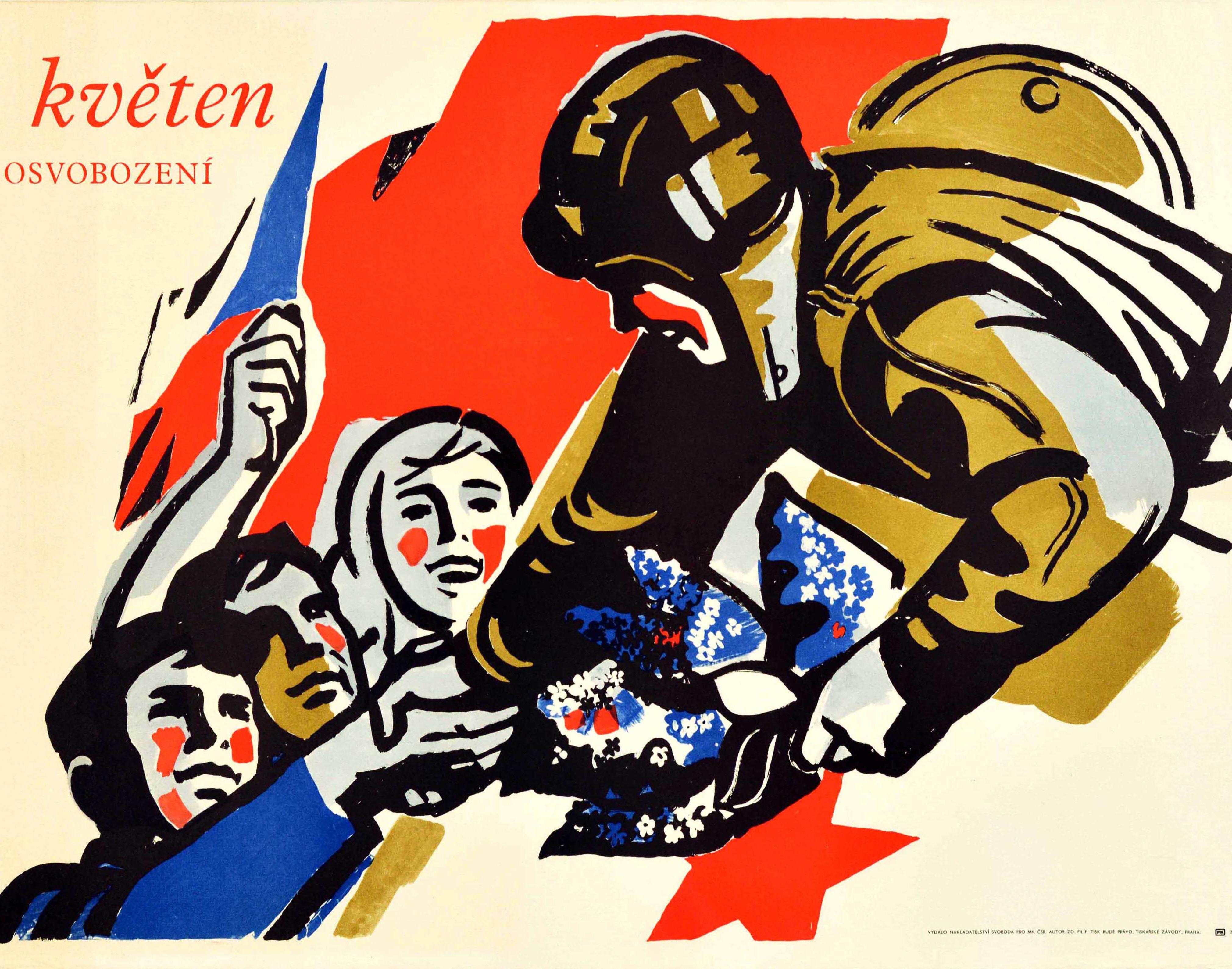 Original vintage poster celebrating freedom on the anniversary of the end of World War Two - May 9 Liberation Day / 9. Kveten Den Osvobozeni. Colourful artwork depicting a smiling soldier holding flowers and shaking hands with a man next to another