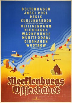 Original Vintage-Poster, Mecklenburg-Deutschland, Baltic Sea, Strand, Resorts, Reisekarte, Original