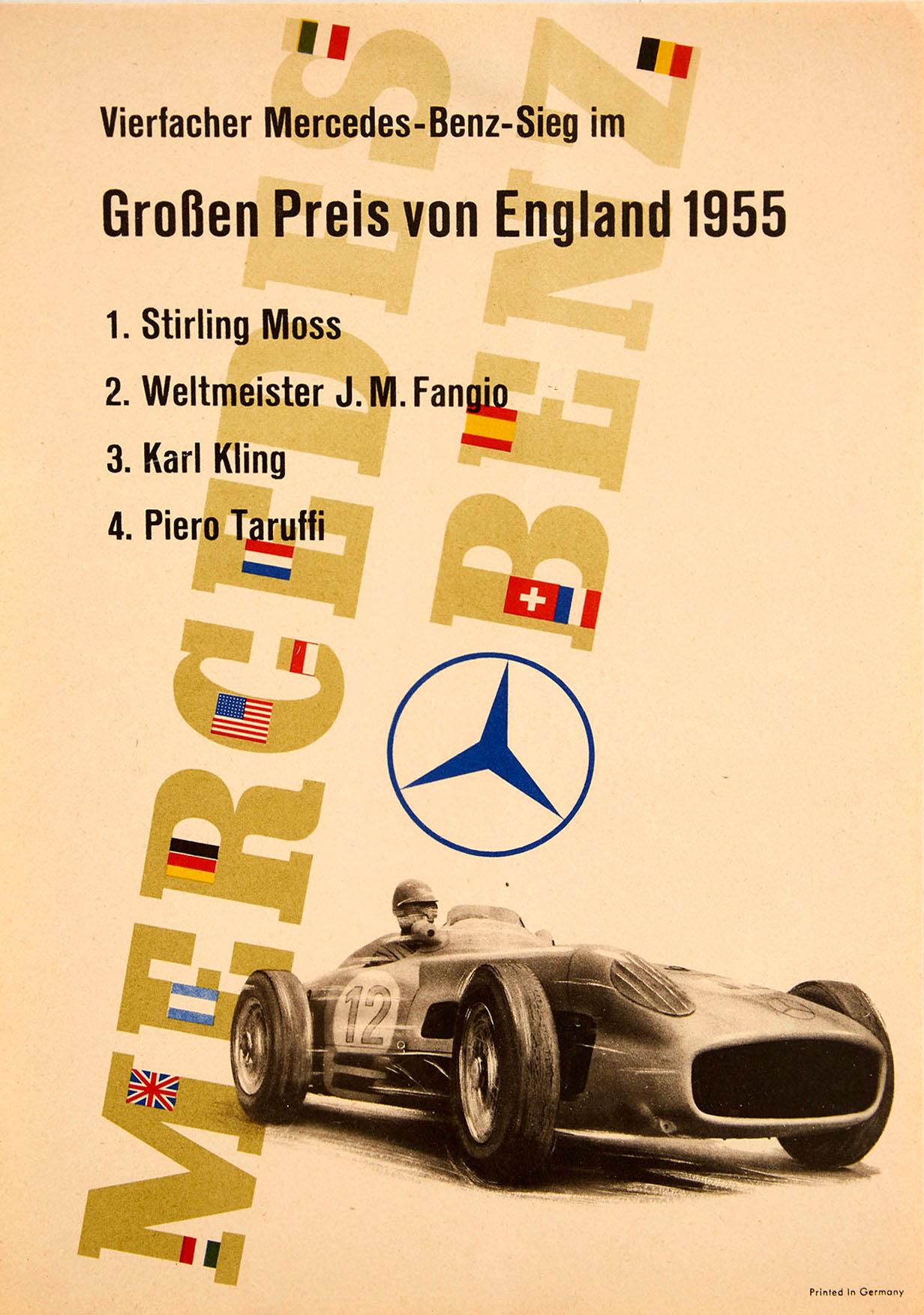 Unknown Print - Original Vintage Poster Mercedes Benz British Grand Prix F1 Stirling Moss Fangio