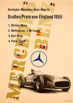 Original Vintage Poster Mercedes Benz British Grand Prix F1 Stirling Moss Fangio